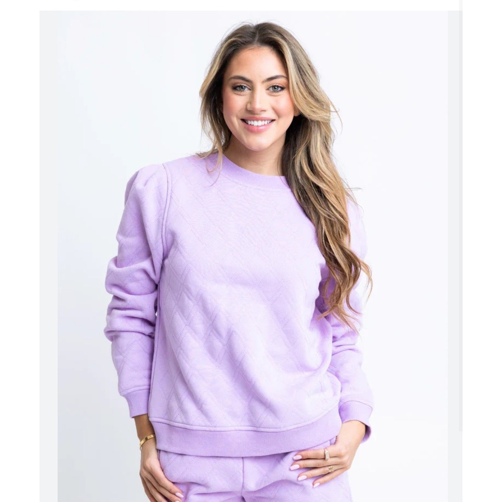 Karlie Womens Lavender Purple Quilted Diamond Puff Sleeve Crewneck Sweatshirt L